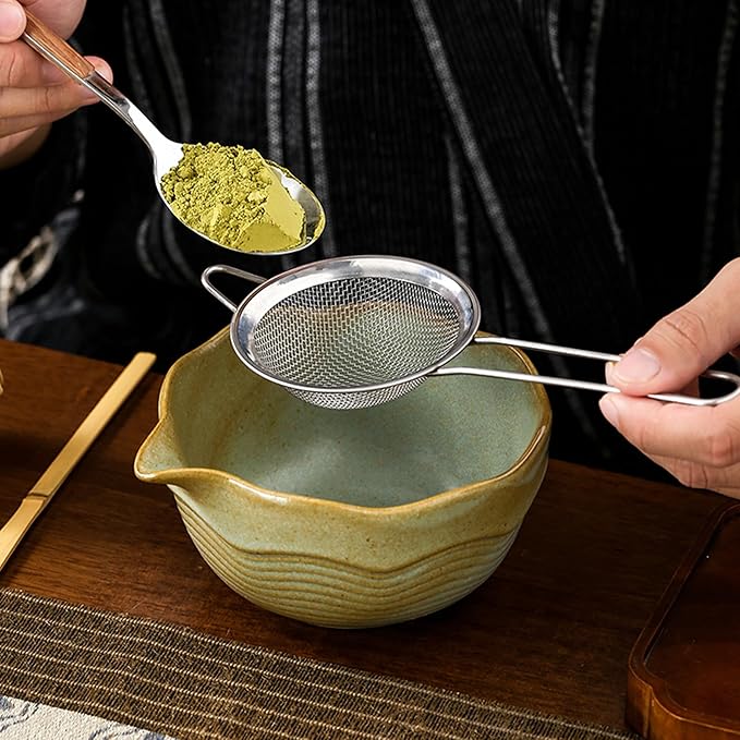 Matcha Bowl Set with Bamboo Whisk, Sifter & Scoop - Complete Ceramic Japanese Tea Ceremony Kit for Traditional Matcha Preparation (light turquoise green (with a textured finish))
