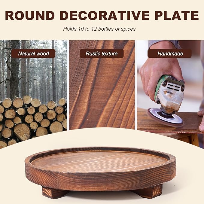 Round Wooden Decorative Tray - Rustic Wood Soap Tray for Kitchen and Bathroom Counter Organizer, Farmhouse Kitchen Decor Wooden Riser for Soap Dish, Perfume, Candle, Potted