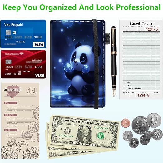 Server Books for Waitress, 5x9 Inch Waitstaff Server Order Pads, 11 Large Pockets, Cute PU Leather Waitress Book Server Wallet with Elastic Band Fit Server Apron,Panda with Orbs - Image 5