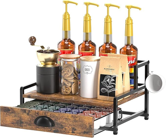 Coffee Syrup Rack Organizer, Coffee Pod Holder for Countertop, 8 Syrup Bottles Stand with Storage Drawer for 35 K Cups, Coffee Pod Drawer for Coffee Station, Home, Kitchen, Office, Dorm, Rustic Brown