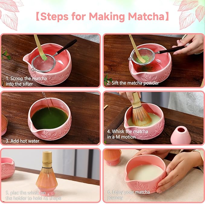 7 Pcs Matcha Whisk Set, Ceremony Matcha Kit with Matcha Bowl, Bamboo Whisk and Holder, Scoop and Scoop Rest, Sifter and Tea Towel, Gift for Matcha Lovers (Pink/Maple Leaf-Patterned)