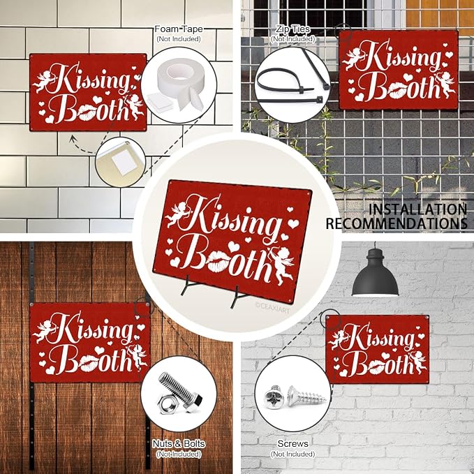 Kissing Booth Tin Sign Love Heart Pattern Metal Signs Valentine's Day Wall Art Decoration Home Farmhouse Bar Kitchen Cafe Living Room Coffee Corner White Day Decor Romantic Gift 12" x 8" - Image 4