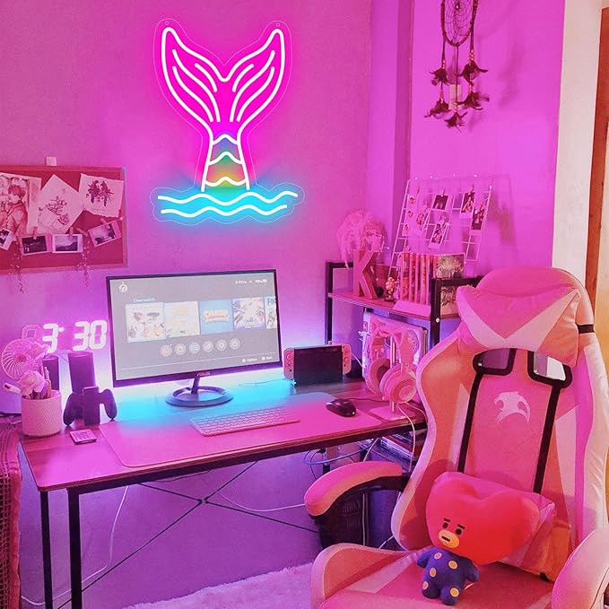 Basaneon Mermaid Tail Neon Sign Dimmable Mermaid Neon Signs for Wall Decor, USB Powered Bright LED Mermaid Lamps for Girls Bedroom, Birthday Christmas Decor, Perfect Gifts for Girls(15.7*12.6inches)