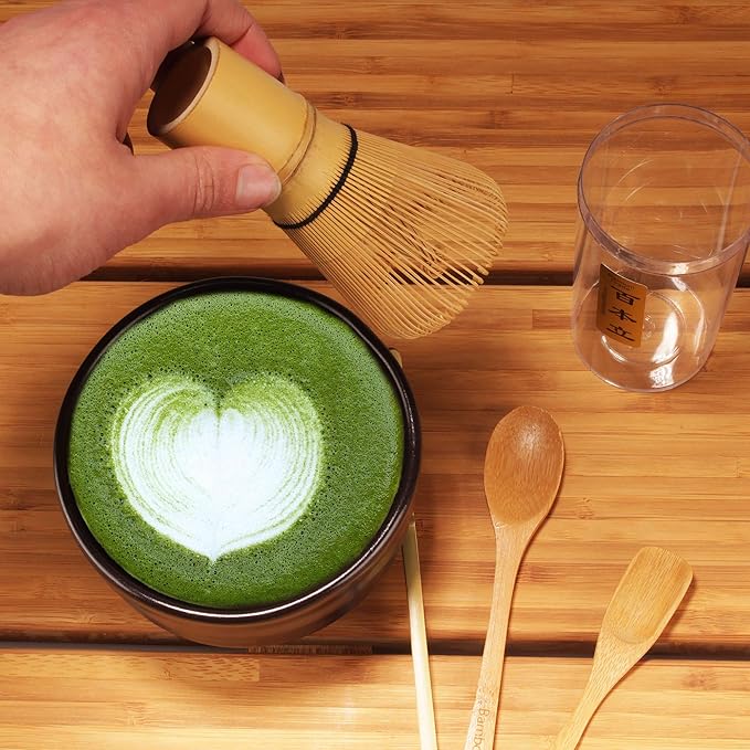 BambooMN Matcha Whisk Set - Golden Chasen (Tea Whisk), Chashaku (Hooked Bamboo Scoop), Tea Spoon - 10 Sets