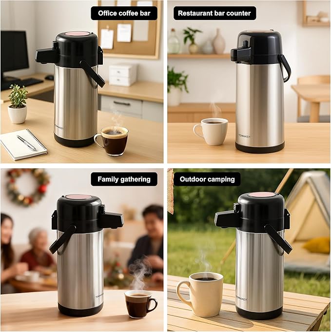 Airpot Coffee Dispenser with Pump,102 OZ/ 3L Large Coffee Dispenser with Tea Filter for Party Hot Drinks Water Tea Chocolate Hot/Cold Water, Insulated Stainless Steel Thermal Carafes