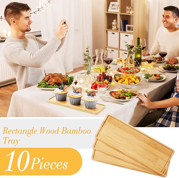 Bokon 10 Pcs Rectangle Wood Bamboo Tray Bamboo Serving Tray Wooden Serving Platter for Bathroom Counter Platter for Food Dinner Kitchen(Rounded Edges)