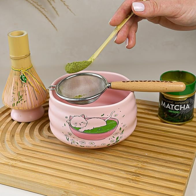 Matcha Gift Set 6 Pcs – Ceramic Bowl, Bamboo Whisk, Whisk Holder, Scoop, Sifter & Cloth – Traditional Japanese Set for Green Tea by Aprika Matcha (Pink with Cats)