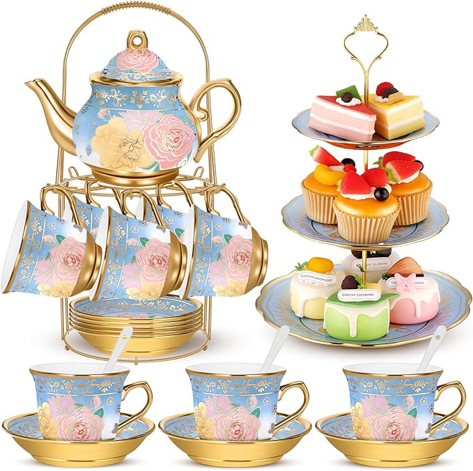 21 Pcs Ceramic Teapot Set Vintage Porcelain Tea Cups with Metal Holder and High Tier Cupcake Stand Saucers for Women Girls Farmhouse European Weddings Party Decor Gifts(Blue,Vivid)