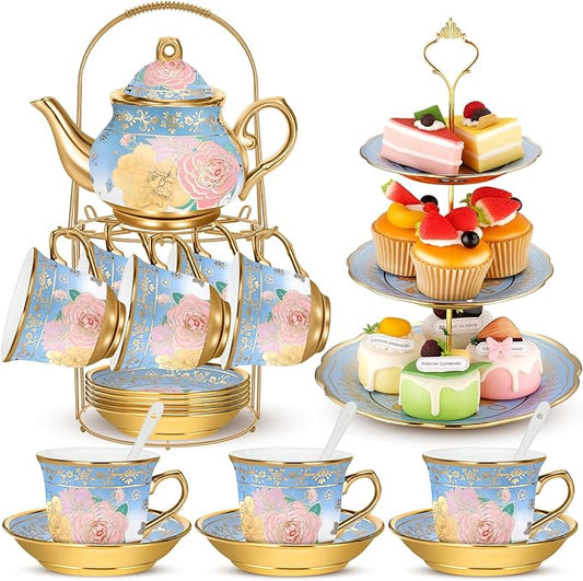 21 Pcs Ceramic Teapot Set Vintage Porcelain Tea Cups with Metal Holder and High Tier Cupcake Stand Saucers for Women Girls Farmhouse European Weddings Party Decor Gifts(Blue,Vivid)