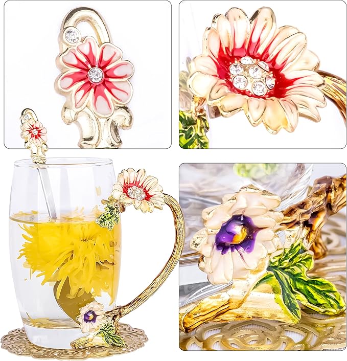 Flower Tea Cup,Butterfly Daisy Glass Fancy Coffee Mug with Spoon,Gift Box for Her Mom Wife Grandma Girls Friends Valentines Christmas Birthday Present Idea for Juice,Hot/Cold Drinks Use (purple)