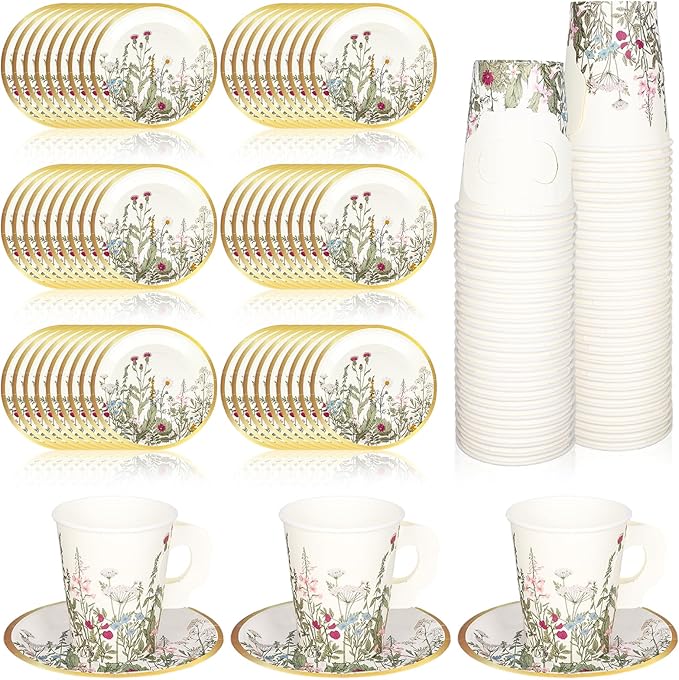 Whaline 80 Pcs Spring Floral Paper Tea Cups and Saucers 9 oz Vintage Wildflower Disposable Paper Tea Cups with Handle and Plates for Wedding Birthday Bridal Baby Shower Mother's Day Tea Party Decor
