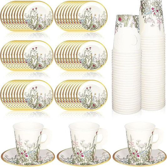 Whaline 80 Pcs Spring Floral Paper Tea Cups and Saucers 9 oz Vintage Wildflower Disposable Paper Tea Cups with Handle and Plates for Wedding Birthday Bridal Baby Shower Mother's Day Tea Party Decor