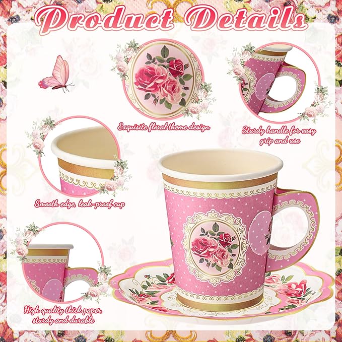 Vesici 150 Pcs Floral Tea Party Decorations for Table 9 oz Disposable Paper Tea Cups with Handles Plates, Saucers and Napkins Set for Spring Party Girl Birthday Wedding Mothers Day(Vivid Style)