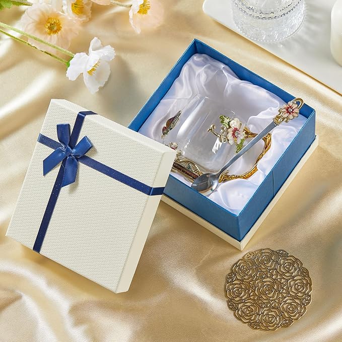 Flower Tea Cup,Clear Glass Fancy Coffee Mug with Spoon,Gift Box for Her Mom Wife Grandma Girls Friends Valentines Christmas Birthday Present Idea for Juice Milk Hot And Cold Drinks Use
