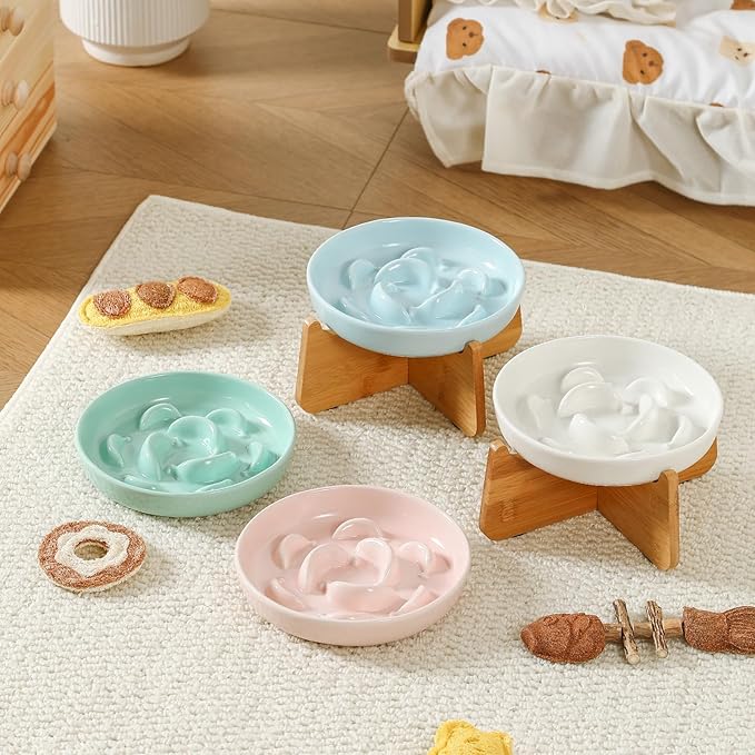 Elevated Slow Feeder Cat Bowl - Ceramic Cat Food Dish with Anti-Slip Bamboo Stand - Whisker Friendly Feeding Bowl - Raised Maze Plate for Slow Down Eating - Light Pink