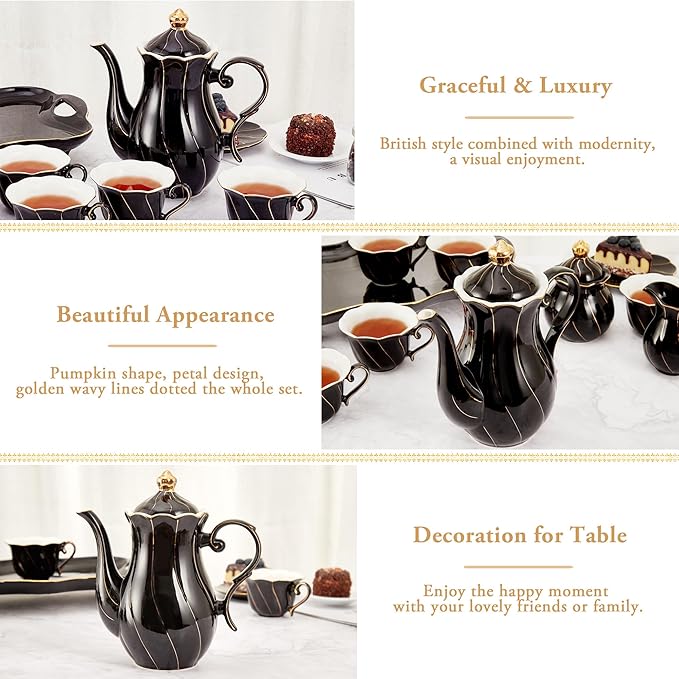 DUJUST British Style Porcelain Teapot (40oz), Luxury Ceramic Teapot with Golden Trim, Food Grade Teapot with Built-in Filter, for Tea Party & Home Décor - Black