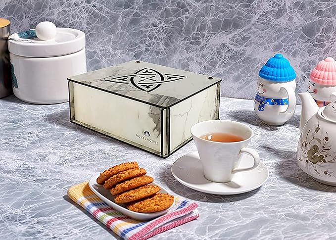 RoyalHouse Premium Wood (Hard MDF) Tea Storage Box Organizer (Marble), Eco-Friendly Multi-Functional Decorative Box, 9 Compartments For Assorted Variety Of Tea Bags and Small Items