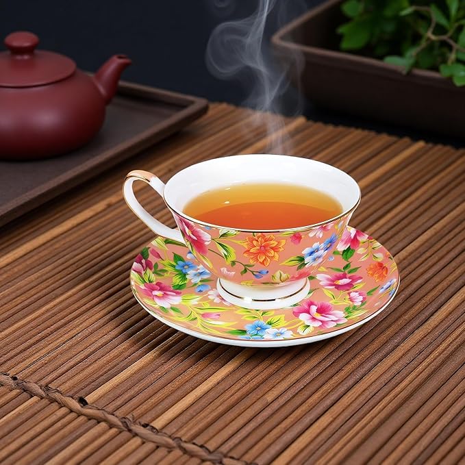 Tea cup and Saucer Set Royal Garden Style Tea Coffee Cup with Saucer 7 Ounces Bone China Teacup and saucer Set(Orange)