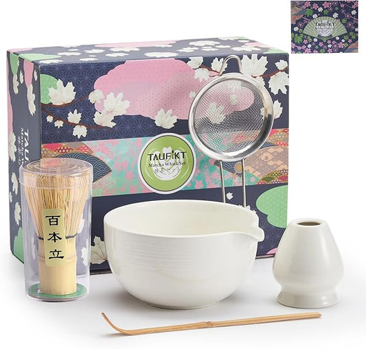 Matcha Whisk Set 5 Pcs, Matcha Kit Set Includes Matcha Bowl, Matcha Whisk and Holder, Bamboo Scoop and Sifter, Ceramic Matcha Set, Matcha Tea Set, Ideal Gift for Family/Friend (White)