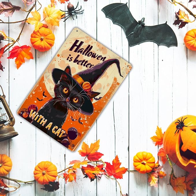 KanaAt Halloweenis Better with a Cat Retro Metal Sign Vintage Tin Sign for Cafe Bar Home Front Porch Office Indoor Outdoor Wall Decor Pre-Drilled Holes for Easy Installation 8x12 inch, diany-m89 - Image 7