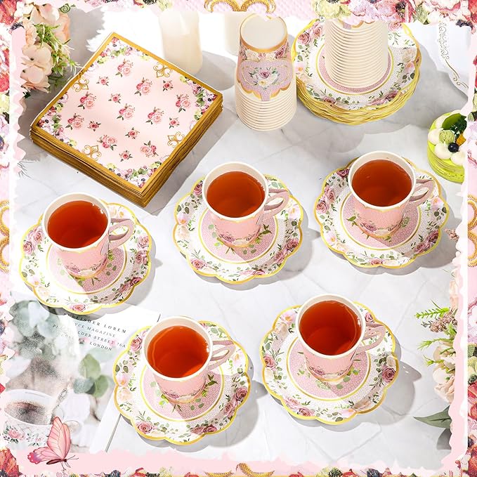 Vesici 150 Pcs Floral Tea Party Decorations for Table 9 oz Disposable Paper Tea Cups with Handles Plates, Saucers and Napkins Set for Spring Party Girl Birthday Wedding Mothers Day(Classic Style)