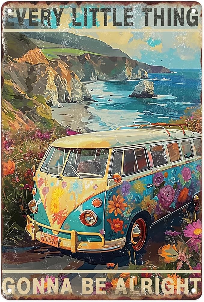 Sanwarm Metal Sign 8X12 Inch, Bus Hippie Flower Vintage Tin Sign Wall Art Decor for Home, Living Room, Kitchen, Garden, Bedroom, Office, Hotel, Cafe And Pub Decoration by SanwarmHomeDecor