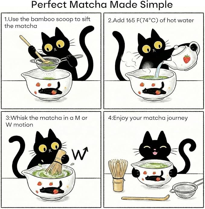 Cute Matcha Whisk Set with Cat and Strawberry Pattern Matt Matcha Bowl, 5PCS Traditional Bamboo Whisk Kit, Chasen and Chashaku, White