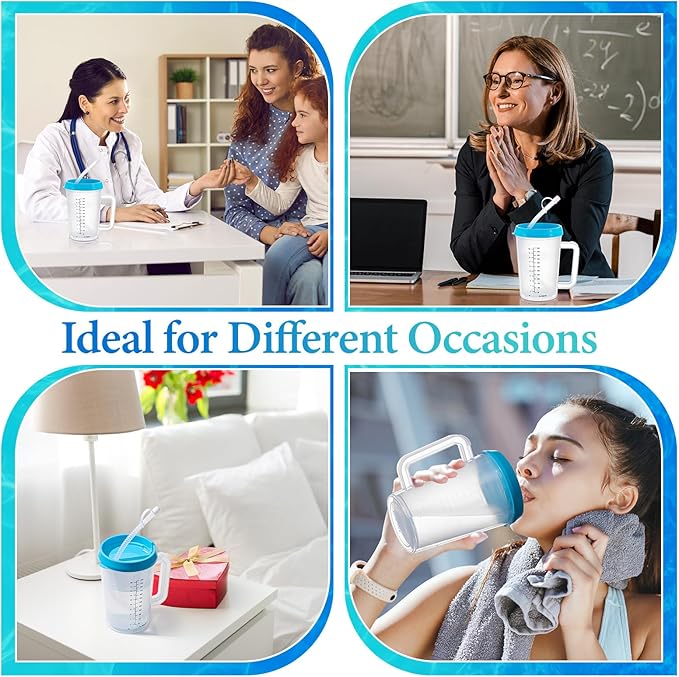 4 Pcs 20 oz Hospital Water Cup with Straw and Lid Insulated Double Walled Elderly Water Bottle Hospital Carafe Mug with Handle Graduated Plastic Drinking Sippy Cup for Adult(Blue)
