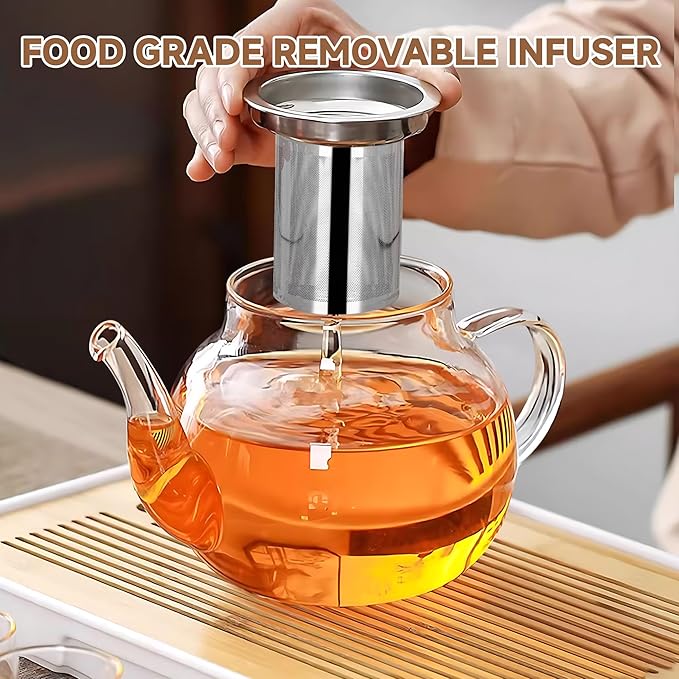 Long-Mouth Glass Teapot 34oz/1000ml with Removable Loose Tea Infuse - Glass Tea Kettle for Stove Top Removable Stainless Steel Strainer, Microwave & Dishwasher Safe, Tea Maker