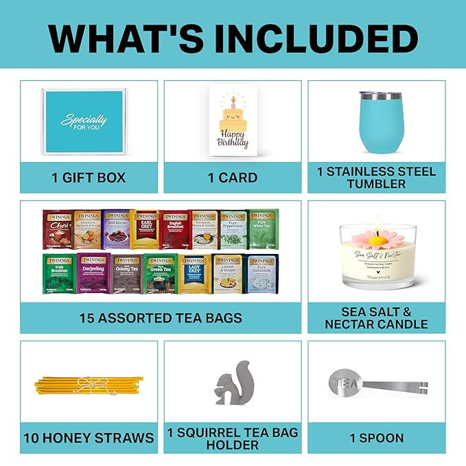 Birthday Gift Set with Stainless Tumbler, 15 Assorted Teas, 10 Honey Straws, Tea Tongs, Scented Candle and Greeting Card in Ready-to-Gift Box (Teal - Birthday Card)