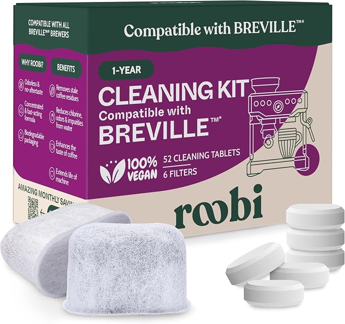 Roobi Breville Compatible Espresso Machine Cleaning & Maintenance Kit. Includes 52 Breville Cleaning Tablets and 6 Water Filters. Carbon Neutral. 1 Year Supply. by Roobi