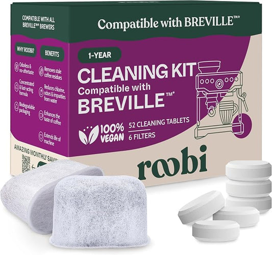 Roobi Breville Compatible Espresso Machine Cleaning & Maintenance Kit. Includes 52 Breville Cleaning Tablets and 6 Water Filters. Carbon Neutral. 1 Year Supply. by Roobi