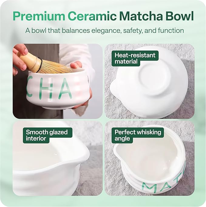 Matcha Whisk Set with 'matcha' Design - 6 Piece Ceramic Matcha Set with a Bowl, Whisk, Stand, Spoon and Sifter - Designed in the UK - Gift Set