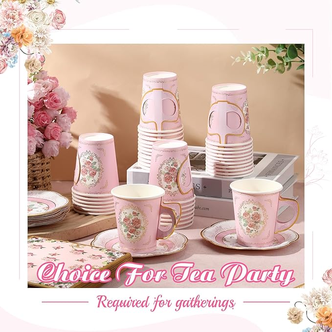 Umigy 36 Sets Tea Party Decorations 9 oz Floral Paper Tea Cups with Plates Paper Napkins Disposable Blossom Teacups and Saucers Sets for Girls Birthday Party Supplies(Pink)