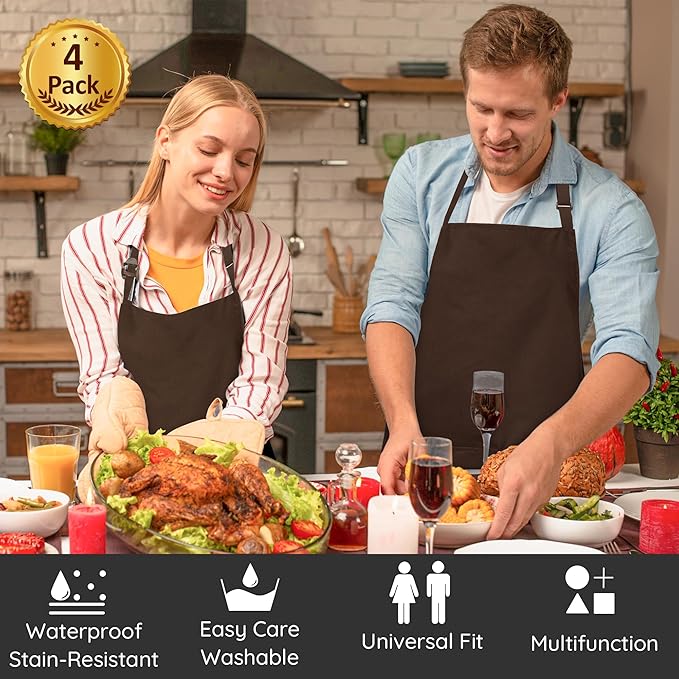 4 Packs Chef Apron, Waterproof Apron, Adjustable Aprons with 2 Pockets for Men Women, Professional Aprons for Kitchen Cooking Gardening Painting Baking Restaurant (Coffee) - Image 2
