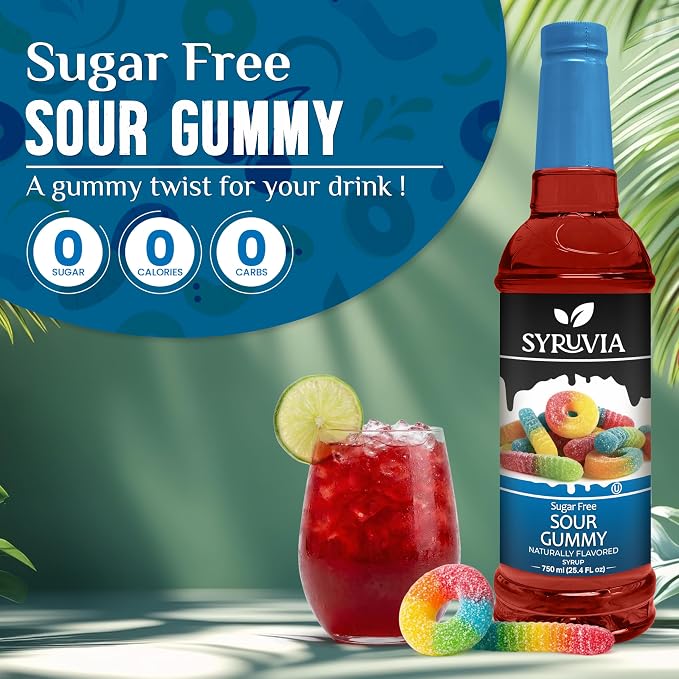 Syruvia Sugar Free Sour Gummy Flavored Syrup for Drinks, Cocktails, Lemonades, Iced Teas and Desserts – 25.4 fl oz, With Pump - Image 3