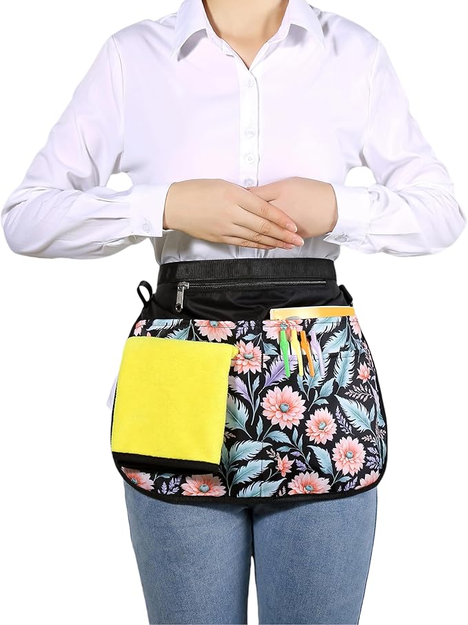 Waterproof Server Apron for Women with 5 Pockets,Quickly Put on and Take off Waitress Aprons,Work Apron for Bartender Barista
