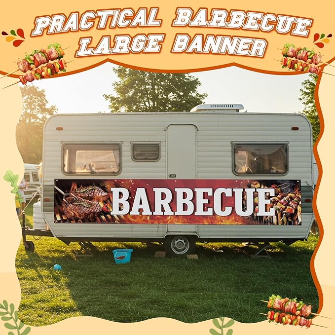 Tegeme Barbecue Banner Sign 2x10 ft/ 24x120 Inch Large Oxford Fabric BBQ Banner Barbecue Birthday Party Decorations Backdrop with 10 Grommets for Easy Hang Indoor Outdoor