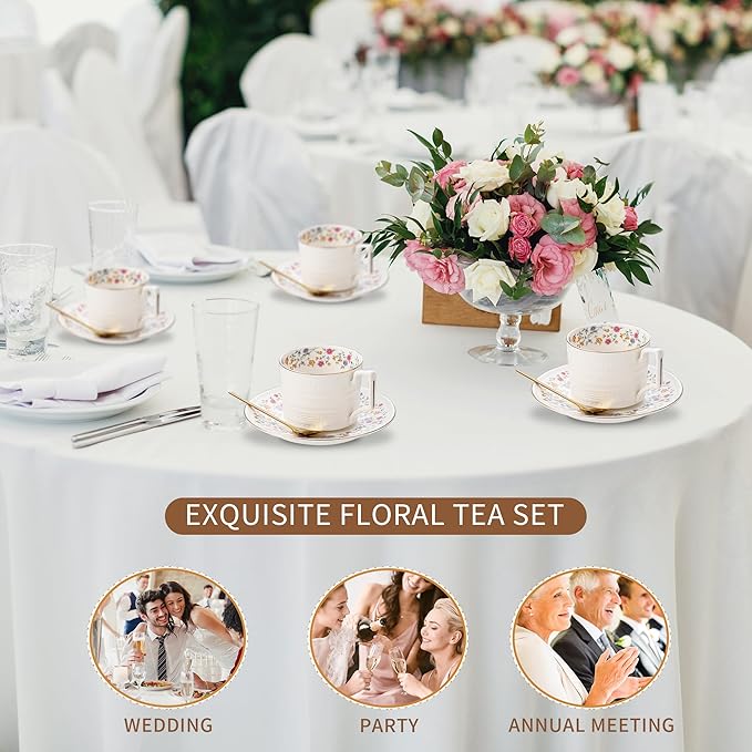Country Roses Porcelain Tea Cup and Saucer Set with Gold Trim, Vintage Style, For Women and Tea Parties (1, P)