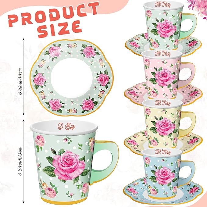 Umigy 60 Sets Tea Party Decorations 9 oz Floral Paper Tea Cups with Handle and Plates Disposable Blossom Teacups and Saucers Sets for Girls Kids Birthday Garden Wedding Party Supplies(Multicolored)