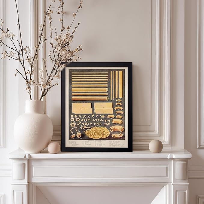 Poster Master Vintage Food & Drink Poster - Retro Pasta Print - Varieties of Pasta Art - Gift for Him, Her, Chef, Cook - Great Decor for Restaurant, Kitchen, Dining Room, 8x10 Black Framed