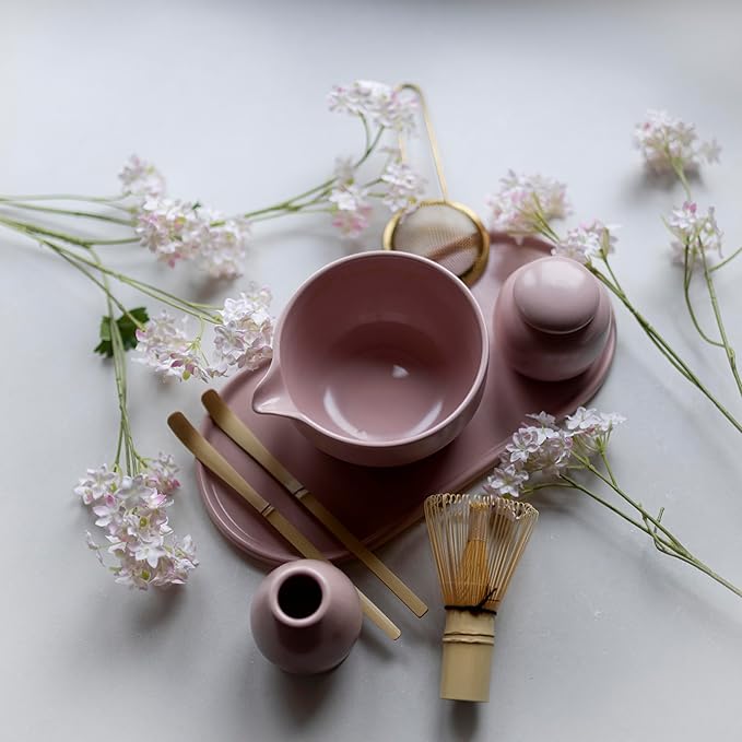 Blush Pink Matcha Set – 7-Piece Ceremonial Matcha Tea Kit with Bowl, Bamboo Whisk & Accessories – Complete Matcha Set for Beginners & Gifts