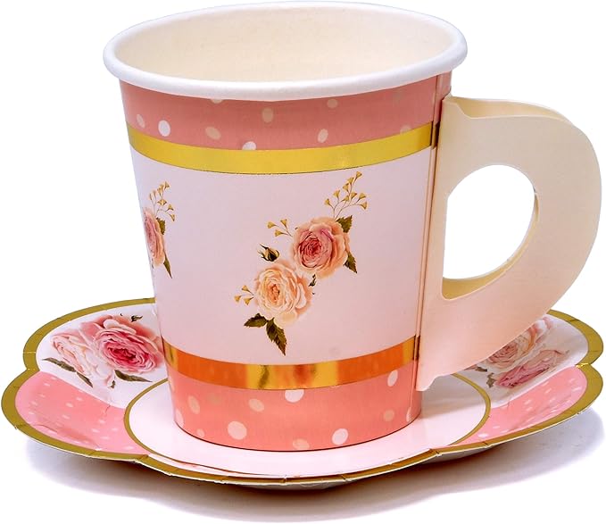 Gift Boutique 36 Paper Tea Cups with Handles and 36 Floral Shaped Saucers Disposable Teacup Set for Kids Adults Birthday Baby Bridal Shower Tea Party