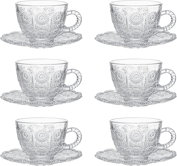 Glass Teacups and Saucers Set of 6, Vintage Coffee Mugs with Stainless Steel Spoon, Dishwasher & Microwave Safe Teacups for Espresso Cappuccino Latte Tea Juice, 7OZ/210ML, Clear
