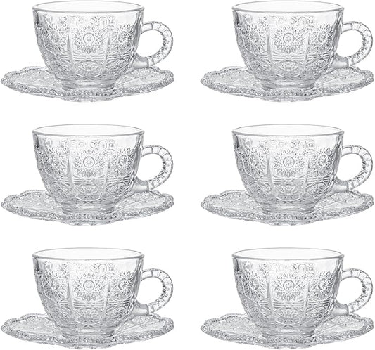 Glass Teacups and Saucers Set of 6, Vintage Coffee Mugs with Stainless Steel Spoon, Dishwasher & Microwave Safe Teacups for Espresso Cappuccino Latte Tea Juice, 7OZ/210ML, Clear