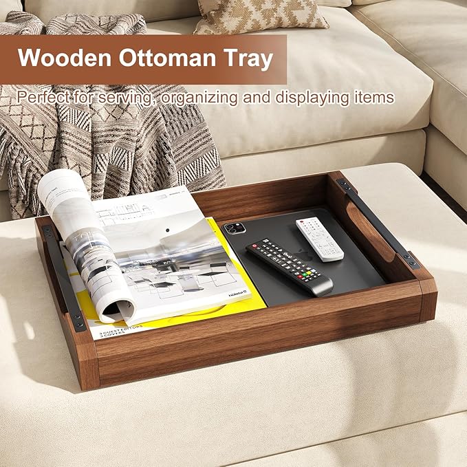 Set of 2 Acacia Wooden Ottoman Tray for Living Room, Wood Serving Tray with Handles, Decorative Coffee Table Trays for Ottoman, Large Serving Platter for Dinner, Breakfast in Bed, Kitchen Counter Top