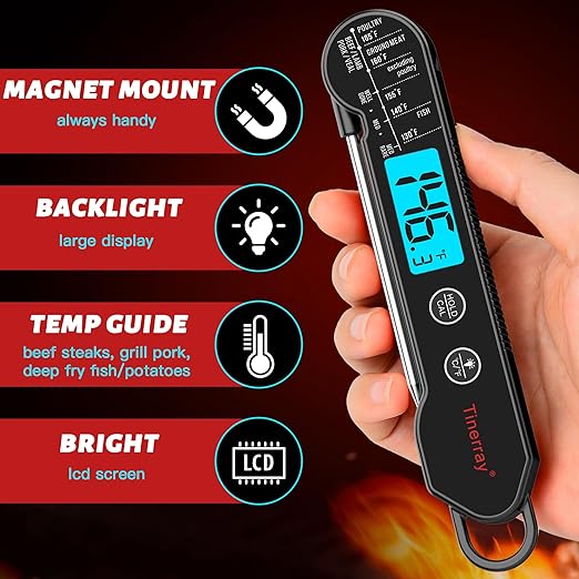 Digital Meat Thermometer for Chef Gifts Cooking, Grilling & BBQ - Ultra-Fast Instant Read Thermometer with Waterproof Design,Backlight & Calibration - Perfect for Deep Frying, Turkey, Beef (Black)