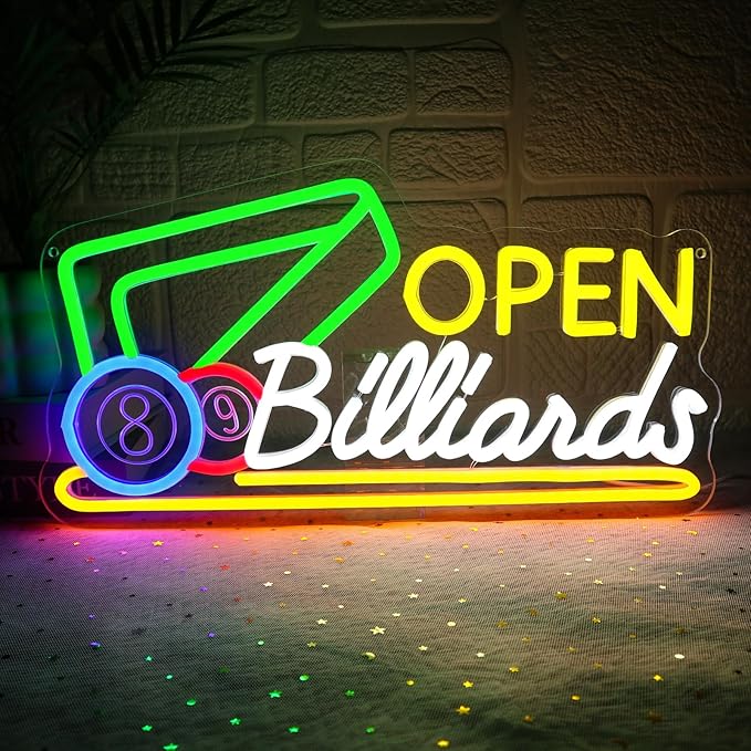 Billiards Neon Open Sign for Wall Decor Dimmable 16.54" x 8.78" Led Sign for Pool Room USB Powered Neon Light for Business Game Room Billiard Club Bar Pub Party Man Cave Decoration