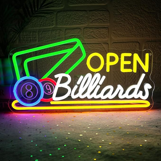 Billiards Neon Open Sign for Wall Decor Dimmable 16.54" x 8.78" Led Sign for Pool Room USB Powered Neon Light for Business Game Room Billiard Club Bar Pub Party Man Cave Decoration