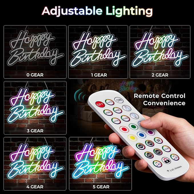 Happy Birthday Sign for Wall Decor, RGB Led Happy Birthday Decorations For Party And Remote Control, USB Powered Dimmable Neon Light.Corlorful Happy Birthday Light Up Sign.